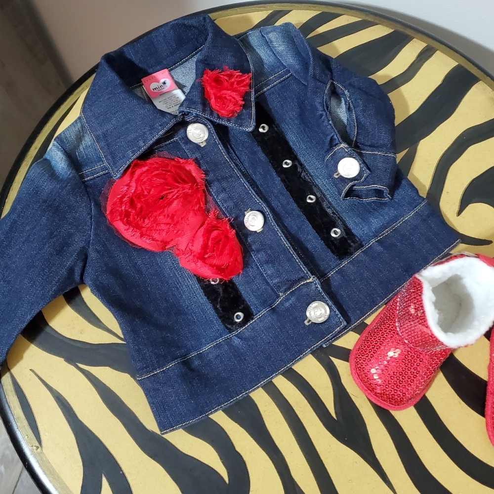 Baby girls Mini mini denim jean jacket with red floral accents, velvet trim 6M
